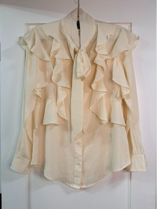Lauren Ralph Lauren Tops - Lauren Ralph Lauren Women's M Cream Ruffle Tie Neck Button Front Blouse NWT
